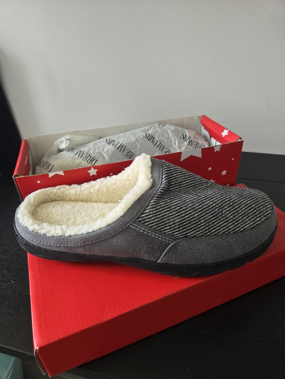 New Men's Gray Cozy Slip-On Faux Shearling Lined Slippers